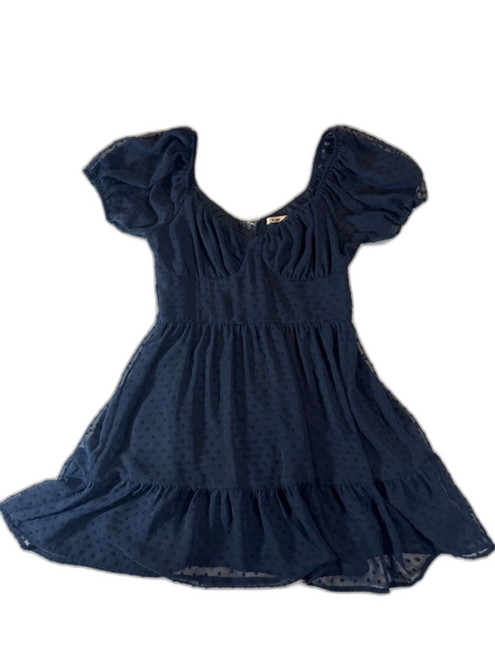 miami Navy Asymmetrical Puff Sleeve Tiered Dress